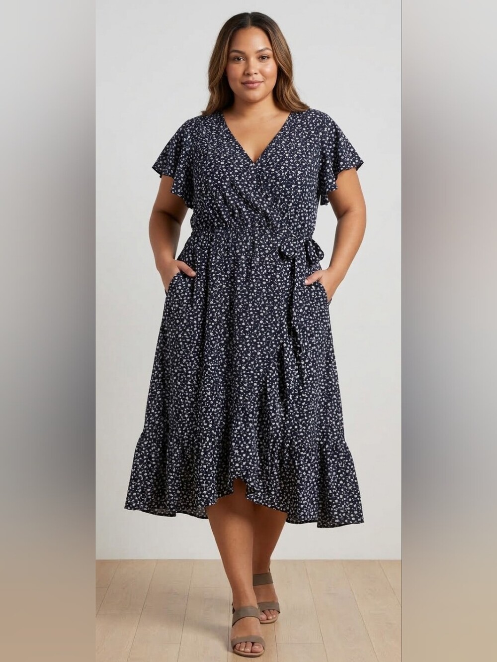 BloomChic Black Floral Faux Wrap Ruffle Midi Dress with Pockets Size 14/16